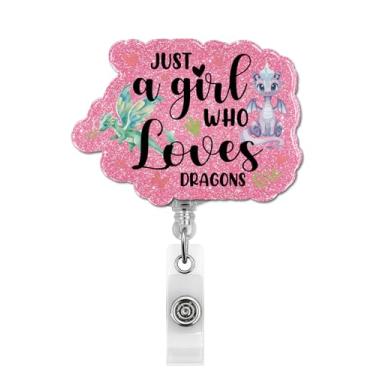 Imagem de Dragon Gifts Carretel de crachá retrátil para meninas, Just A Girl Who Loves Dragons com clipe jacaré para amante de dragões, filha, irmã, amiga, colega de trabalho