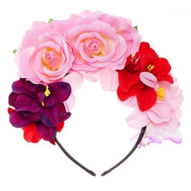 Imagem de Rbenxia Coroa de flor de rosa mexicana, coroa floral Dia dos Mortos, tiara para mulheres e meninas, guirlanda de cabelo rosa para festa à fantasia de Halloween