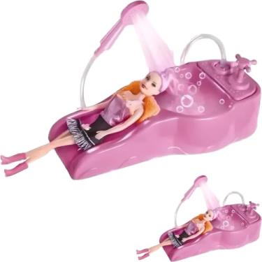 Imagem de Kit Salão de Beleza Infantil com Lavatório, Boneca 30cm e Acessórios, Plástico Rosa, para Crianças 3+ Anos, 34x15x7cm