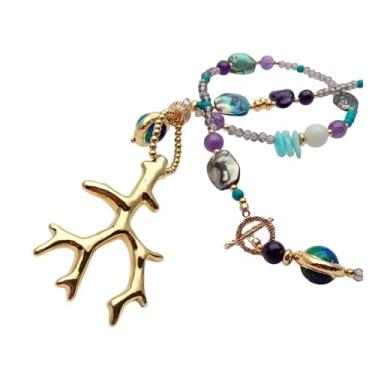 Imagem de OROAOBOMT 8 mm Ametista Roxa 14 mm Vidro Murano Abalone Shell Colar 38 x 60 mm Pingente de Resina