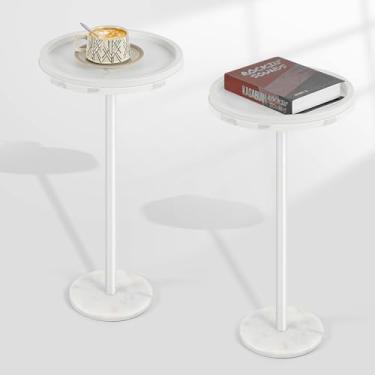 Imagem de smusei Pacote com 2 mesas laterais redondas pequenas com base de mármore para pequenos espaços, mesa de canto redonda com protetor anti-queda para sala de estar, quarto, decoração de casa, branca