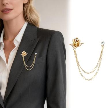 Imagem de Corrente banhada a ouro prata cristal rosa broches colar pinos strass com corrente pendurada terno camisa broche lapela broche jóias moda para homens mulheres, Medium, Cristal, Cristal