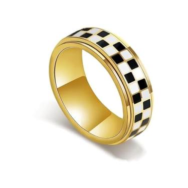 Imagem de YILUOCD Anel Fidget Xadrez para Homens e Mulheres, Aço Inoxidável Banhado a Ouro 18K, Giratório, Ansiedade, Giratório, Joia para Adultos, Moderno Anel de Xadrez Preto e Branco Presente, 10, Aço