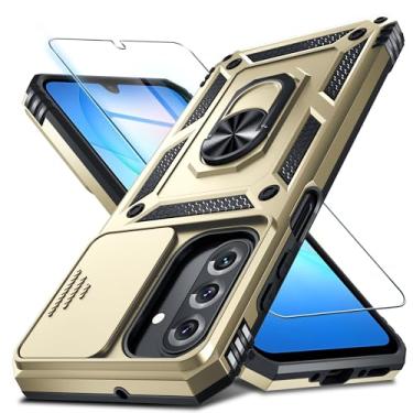 Imagem de Janmitta Compatível com Samsung Galaxy A17 5G/4G Capa de lente de câmera deslizante embutida + protetor de tela + suporte de anel de dedo, capa de celular resistente à prova de choque, dourada