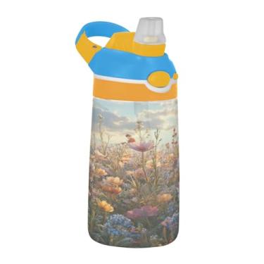 Imagem de Blueangle Garrafa de água com paisagens florais de 473 ml, garrafa de viagem e esportes Tritan reutilizável com canudo e design de tampa de bico pop-up (169)