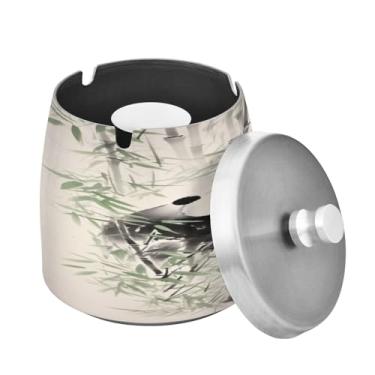 Imagem de Blueangle Cinzeiro de bambu panda chinês com tampa para cigarros, à prova de vento/chuva, aço inoxidável, sem fumaça, inodoro, cinzeiro para uso interno ou externo (382)