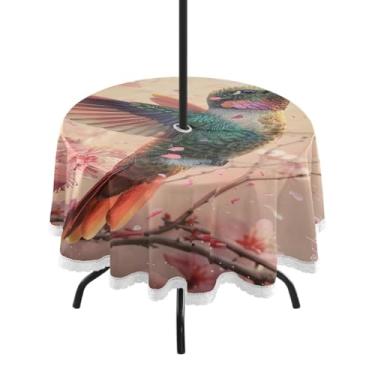 Imagem de Blueangle Toalha de mesa redonda de beija-flor colorida impermeável de 152 cm com orifício para guarda-chuva - Tecido resistente à prova de sol para todos os climas para pátio, acampamento, piquenique