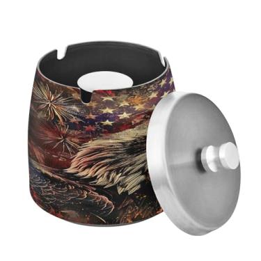 Imagem de Blueangle Cinzeiro de bandeira de águia careca com tampa para cigarros, à prova de vento/chuva, aço inoxidável, sem fumaça, inodoro, cinzeiro para uso interno ou externo (286)