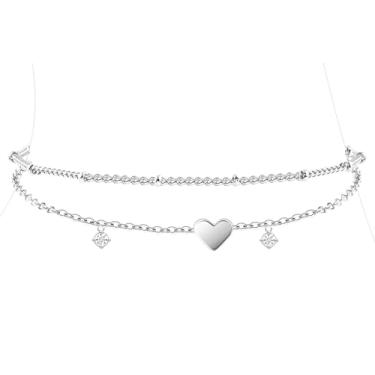 Imagem de Poxtex Tornozeleira feminina de prata esterlina à prova d'água, zircônia cúbica 925 banhada a prata e pingente de coração, tornozeleiras delicadas para mulheres, conjunto de tornozeleiras de corrente