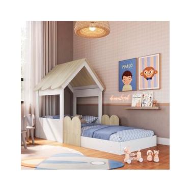 Imagem de Cama Infantil Montessoriana Casinha Branca e Carvalho Completa Móveis