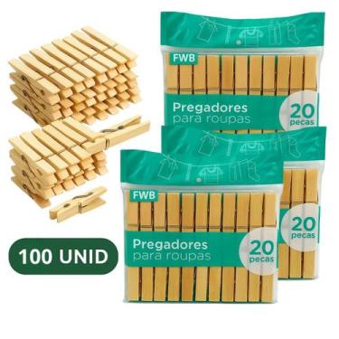 Imagem de Pregadores de Roupas 100 Unidades  Bambu Natural  Antimofo - FWB
