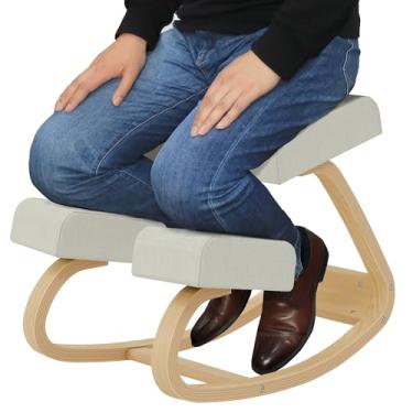 Imagem de Cadeira ergonômica de joelhos – Banco de balanço de madeira com almofada respirável para alívio da dor nas costas, suporte de postura e produtividade, ideal para escritório, casa ou espaços de estudo
