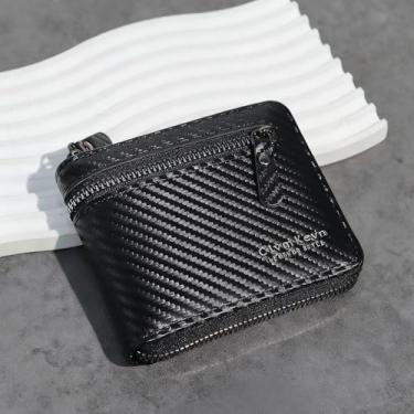 Imagem de Carteira masculina com zíper de fibra de carbono, mini dobrável, dobrável, vários compartimentos para identidade, bolso para moedas com zíper, Preto, Moderno