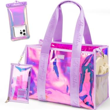 Imagem de Bolsa de praia feminina transparente iridescente com zíper para piscina e praia com bolsa de maquiagem e bolsa de telefone à prova d'água essencial de verão, Magenta, One Size