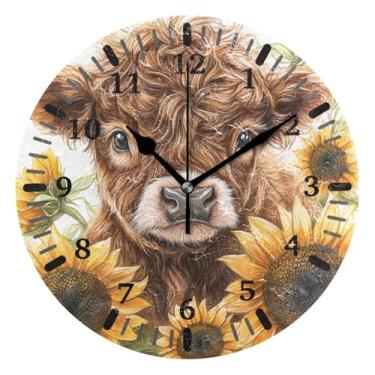 Imagem de CEBUGI 1 relógio de parede Highland Cow Girassol, 1 relógio de parede operado por bateria, silencioso, sem tique-taque, para cozinha, banheiro, quarto, escritório, decoração 25,4 cm