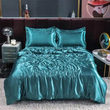 Imagem de XLCZMYL Jogo de cama de seda de cetim com capa de edredom, lençol de cama de casal sólido, lençol de casal solteiro, azul luar, lençol Fed 200 x 230 4 peças