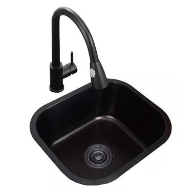 Imagem de PVXMQFFA Pia de cozinha de aço inoxidável tigela única, nano quadrado preto sob a pia da cozinha pequena bacia de vegetais com torneira removível (cor: preto, tamanho: 39 * 36 cm)