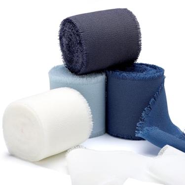 Imagem de EUSOAR Fita de chiffon, 4 rolos de 3,8 cm x 5,5 m cada fita de cetim com franja de 4 cores, conjunto de fitas de seda azul feito à mão para presente de artesanato, casamento, buquê de flores, convites