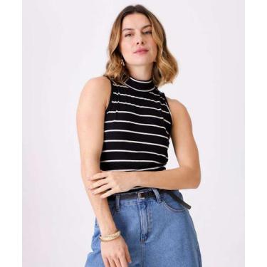 Imagem de Blusa Feminina Listrada Gola Alta Sem Manga Marisa-01077, Preto, P