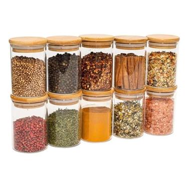 Imagem de Kit 10 Potes de Vidro 250ml com Tampa de Bambu Herméticos Cilíndrico