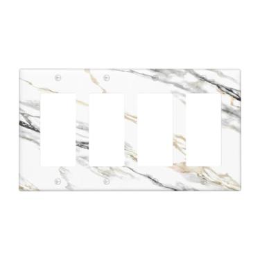 Imagem de Tulpock Capa de interruptor de luz de mármore branco cinza decorativo 4 Gang Quad Rocker placa de parede Switchpalte tomada elétrica para banheiro, cozinha, casa, 20 x 11,4 cm