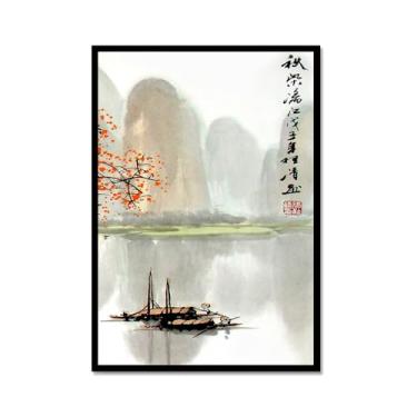 Imagem de Arte de cenário japonês, impressão floral, pintura a tinta, barco, pássaro, pôsteres em tela, decoração asiática, arte de parede japonesa para decoração de sala de estar e quarto (SKU3,16x24") (40 x