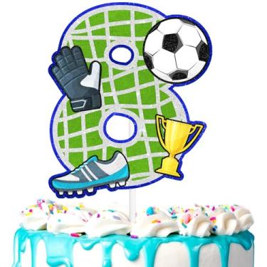 Imagem de Topo de bolo de futebol infantil 8º aniversário bola de futebol feliz decorações de futebol, festa de aniversário de menino e menina, chá de bebê, festa esportiva, suprimentos de decoração (8º)