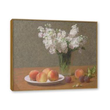 Imagem de Moldura de teca. Arte em tela floral country, pintura botânica vintage de natureza morta, decoração de parede de cozinha de fazenda emoldurada para sala de jantar. A21. 80 x 96 cm - 31,4 x 37,8 pol