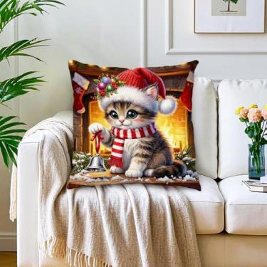 Imagem de Chapéu de Natal, capas de almofada, presentes para amantes de gatos, decorações de Natal, fronhas decorativas de inverno para sofá, cama, decoração de casa, sala de estar, pátio