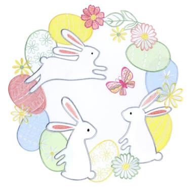 Imagem de Jogo americano de Páscoa, conjunto de 4 ovos de coelho brancos bordados redondos, coelhos coloridos, flores de primavera, margarida, grama, sálvia, decorações sazonais para mesa de café de jantar