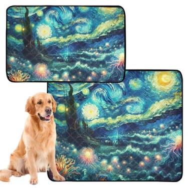 Imagem de Almofadas laváveis para xixi para cães, noite estrelada, azul para animais de estimação, almofadas absorventes de treinamento de cães, à prova d'água, tapete de cercadinho para cães, médio + grande