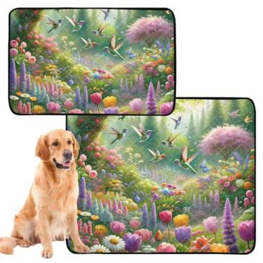Imagem de TSENQUE Almofadas laváveis para xixi de jardim com beija-flores de primavera para cães, à prova d'água, para gaiola de cachorro, reutilizável, tapete absorvente, médio + grande, conjunto de 2