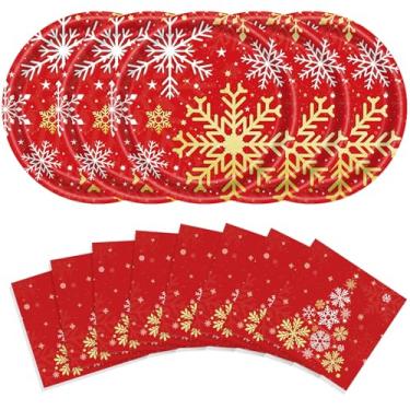 Imagem de NUMONE 40 pratos de papel de floco de neve e guardanapos, suprimentos de festa, conjunto de utensílios de mesa de árvore de Natal para decoração de Natal, conjunto de utensílios de mesa descartáveis