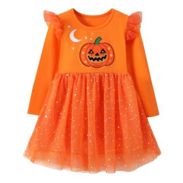 Imagem de HILEELANG Vestido de festa para meninas, Halloween, manga comprida, tutu, tutu, vestido de festa de princesa, 25a001#orangepumpkin, 2 Anos