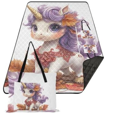 Imagem de TSENQUE Cobertor de praia bonito com folhas de outono de unicórnio, à prova d'água, estampa à prova d'água, para grama, tapete grande, cobertor de piquenique, fofo, 203 x 152 cm