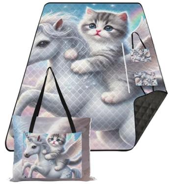 Imagem de TSENQUE Tapete de piquenique fofo de gato unicórnio cobertor de areia dobrável para praia à prova de areia grande floral acampamento cobertor para grama 299.7 cm x 203.2 cm