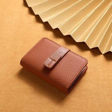 Imagem de Carteira feminina de couro genuíno com dobra dupla/tripla - Suporte minimalista para cartão de crédito com bloqueio de RFID e bolso para moedas, Marrom, Casual