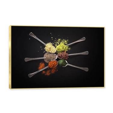 Imagem de NHLDZYH Moldura dourada. Arte de parede em tela de especiarias coloridas e colher de tempero | Decoração de cozinha vintage | Arte moderna para casa e sala de jantar. C44. 30 x 45 cm-11,8 x 17,7 pol