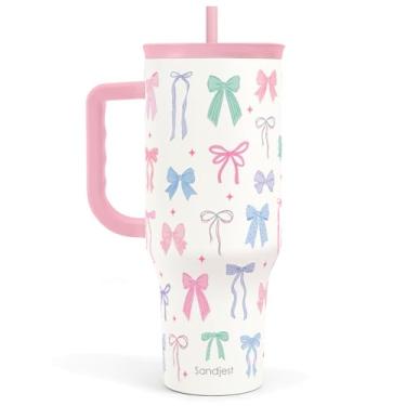 Imagem de SANDJEST Copo Bow 1,134 g com alça e canudo, caneca de café de viagem de aço inoxidável isolado para mulheres e meninas amantes de laço, ideia de presente para aniversário, Natal, Dia das Mães