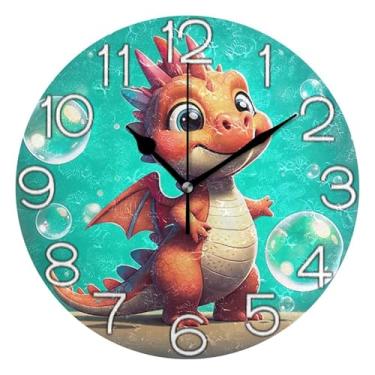 Imagem de GAIGEO Relógio de parede analógico decorativo para sala de aula, relógio de escritório, movido a bateria, decoração de parede de casa de fazenda moderna bonito dragão de desenho animado colorido, 25