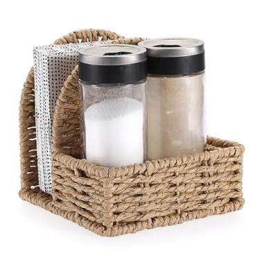 Imagem de Sumnacon Porta-guardanapos de vime com suporte para saleiro e pimenteiro, dispensador de guardanapos em pé com bandeja de condimentos, cesta de guardanapo vertical para mesa de jantar de cozinha (sem