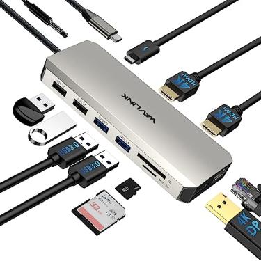 Imagem de Estação de ancoragem para monitor duplo USB C, estação de ancoragem WAVLINK com dois HDMI, DP, 100W PD, USB 3.0 e 2.0, RJ45, slots SD/TF, áudio/microfone, compatível apenas com computadores Windows
