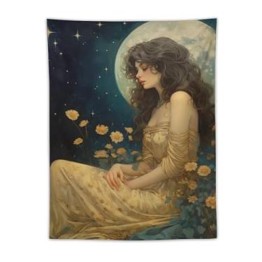 Imagem de Tapeçaria sonhadora lua cheia cabelo encaracolado menina em vestido dourado arte de parede boho celestial quarto decoração suave romântica cena noturna com flores silvestres amarelas e céu estrelado