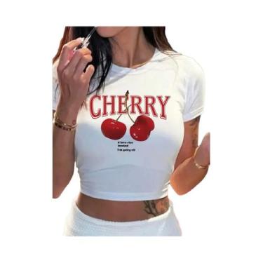 Imagem de Camiseta Cropped Feminina Com Estampa De Cereja Y2K, Decote Redondo, M