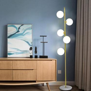 Imagem de Luminária de chão esférica de 170 cm de altura com interruptor de pé, cúpula de vidro fosco e base de mármore - Decoração moderna para sala de estar, quarto infantil, quarto, café e bibliote