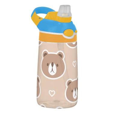 Imagem de Garrafa de água esportiva infantil de 473 ml, com tampa de palha, à prova de vazamento, para escola, portátil, 473 ml, copo infantil Tritan, alça de transporte, desenho animado fofo de urso marrom