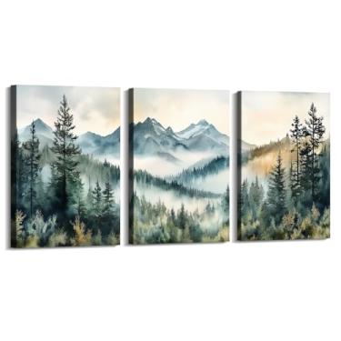 Imagem de 3 peças de arte de parede floresta nebulosa impressão aquarela montanha decoração de parede paisagem natureza árvore abstrata pintura moderna para sala de estar (SKU2-3PCS, 20.3x30.5 cm = (20x30 cm