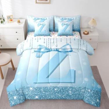 Imagem de Conjunto de edredom Queen com estampa de laço do alfabeto Z, fofo, azul, em uma bolsa, lençol de cima, moderno, moderno, moderno, 7 peças, conjunto de edredom com laço e letra inicial