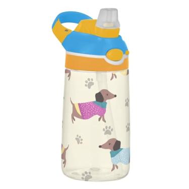 Imagem de Garrafa de água esportiva infantil de 473 ml com tampa de palha, garrafa de água à prova de vazamento para escola, copo infantil Tritan de 473 ml, alça de transporte, cães Dachshund colorido bege