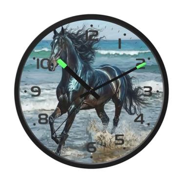 Imagem de SEHANY Relógio de parede artístico majestoso cavalos silencioso, sem tique-taque, relógio redondo operado por bateria, controle de som, luz noturna, relógios de parede para sala de estar, cozinha